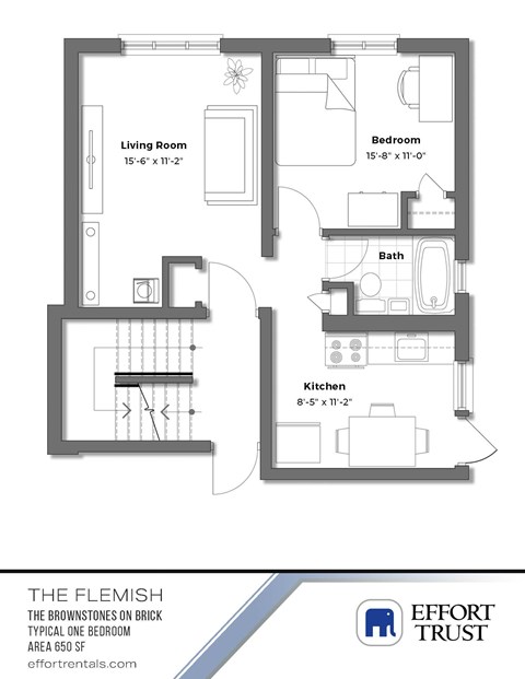 A floor plan of a one bedroom apartment with a living room, bedroom, bathroom and kitchen.